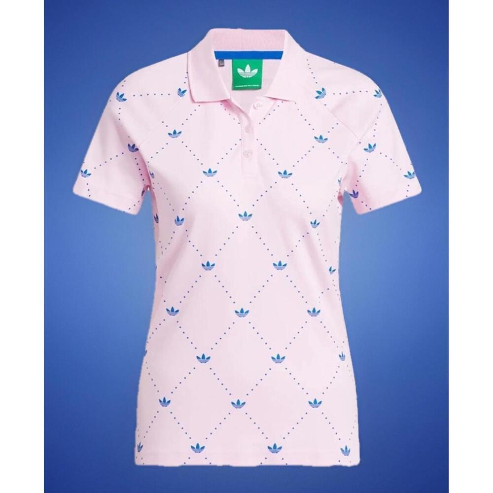 $90 NWT Women's Medium adidas Originals Printed Trefoil Golf Polo Pink Blue - Picture 2 of 8